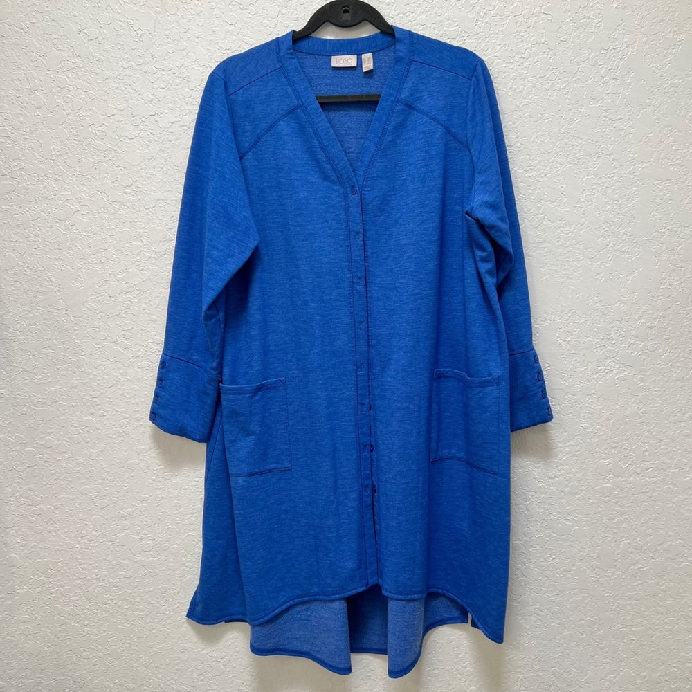 LOGO Lori Goldstein Blue Heathered Button Front Longline Cardigan 1XP Modern